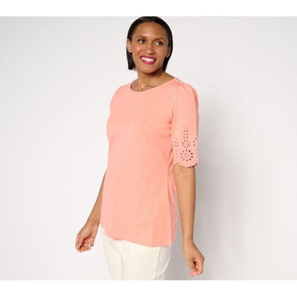 Gloria Vanderbilt Women's Top Sz M Slub Knit Scallop Sleeve Boatneck Pink